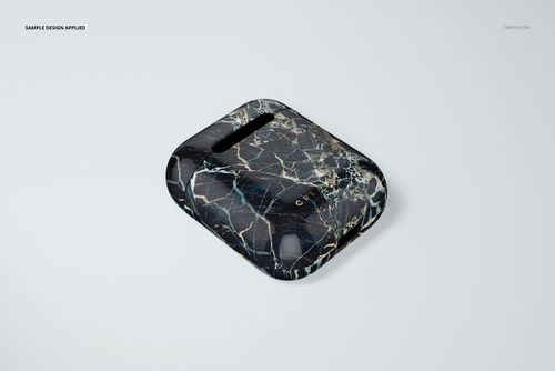 Black marble-patterned AirPods case mockup displayed at an angle on a clean, light background.