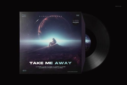 Front view of a black vinyl record mockup with an album cover showing a space-themed illustration and large text.