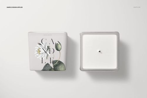 Square candle mockup set featuring two candles, one with a floral label and one showing the plain wax top, on a white background.
