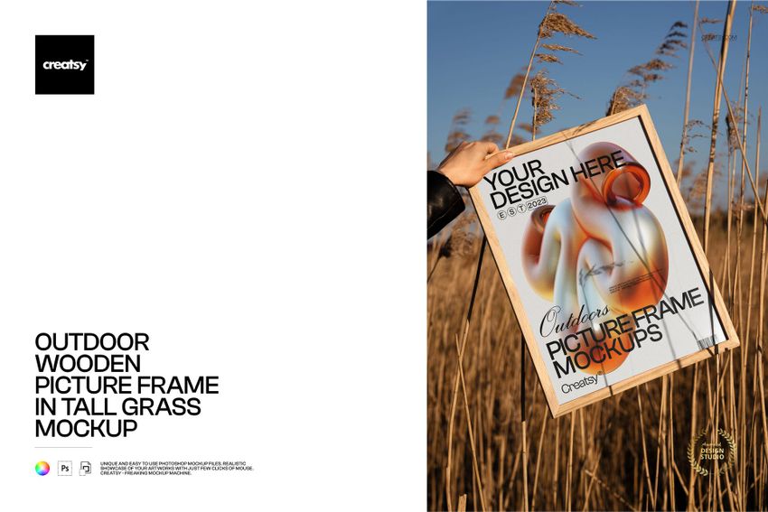 Free Outdoor Wooden Picture Frame in Tall Grass Art Print PSD Mockup - mockup screenshot 1
