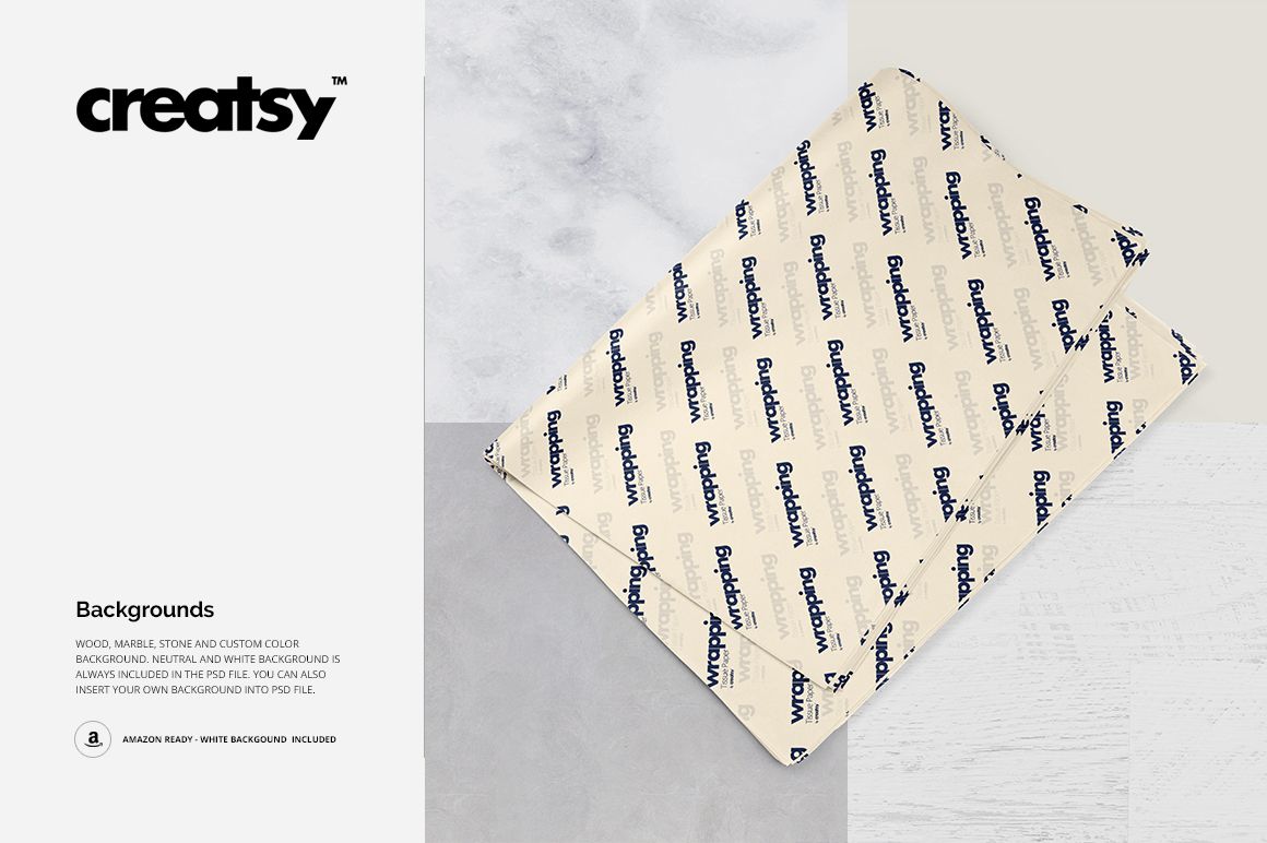 Rectangular sheet of wrapping tissue paper mockup with a repeating blue text pattern, displayed on a light surface.