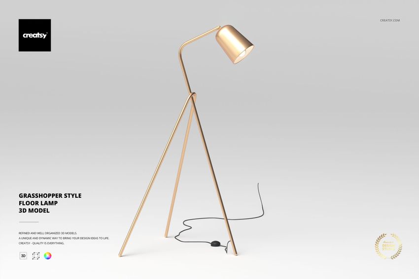 Modern floor lamp with a gold metallic finish, tripod legs, and angled shade, shown on a plain light background.