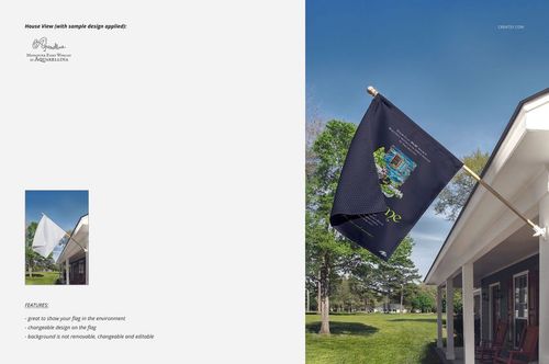 Large house flag mockup displayed on a porch, featuring a dark blue flag with colorful artwork against a lawn and trees.