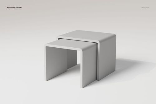 Two square nesting tables in a minimalist design, shown in a light gray color on a plain white background, angled view.