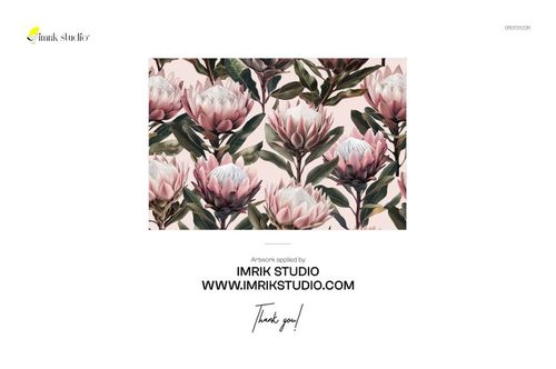 PSD mockup of table lamps with stone bases and decorative shades, adorned with a repeating protea flower design.