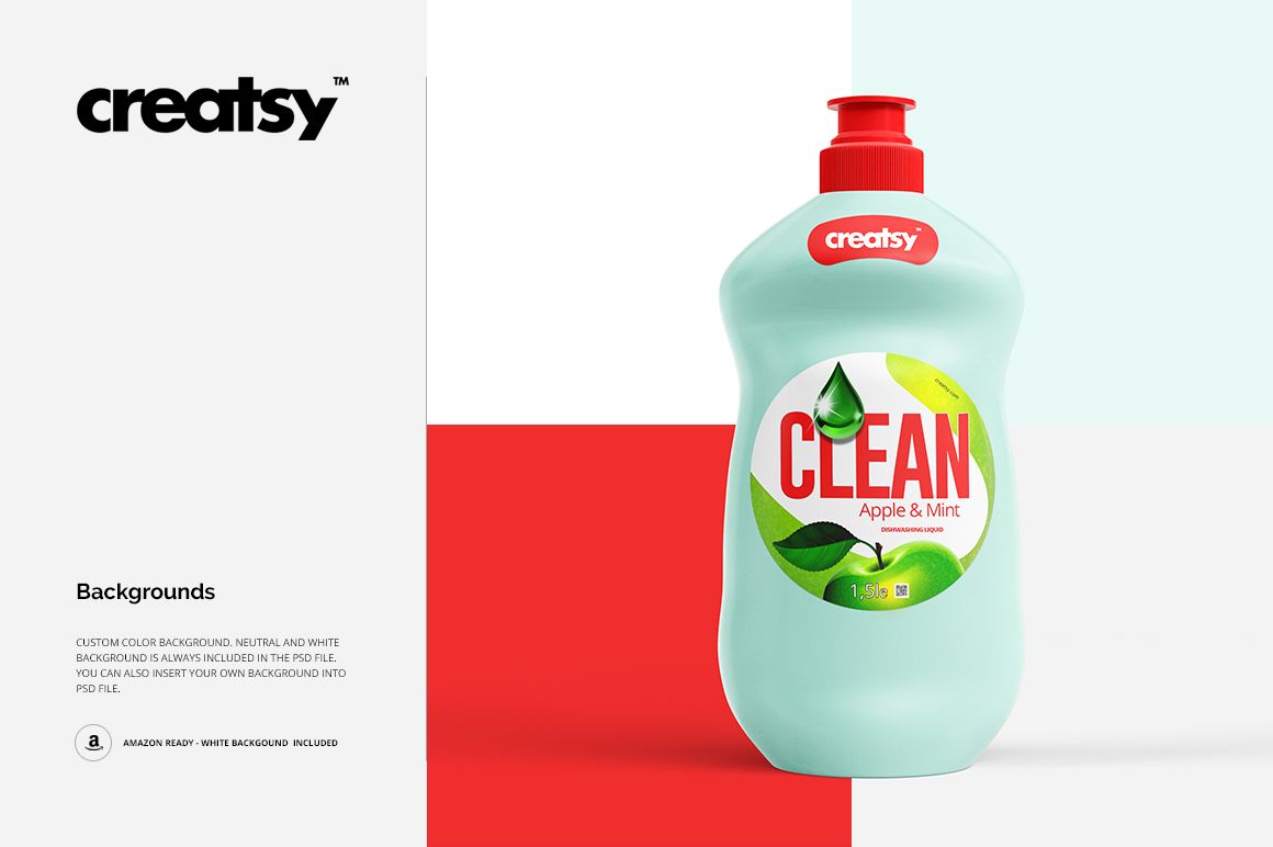 Dishwashing liquid mockup featuring a light green bottle with red lid, shown on a split white and red background.