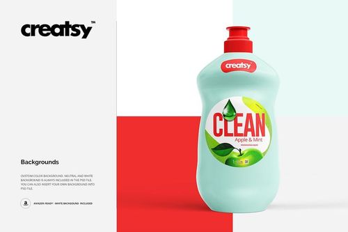Dishwashing liquid mockup featuring a light green bottle with red lid, shown on a split white and red background.