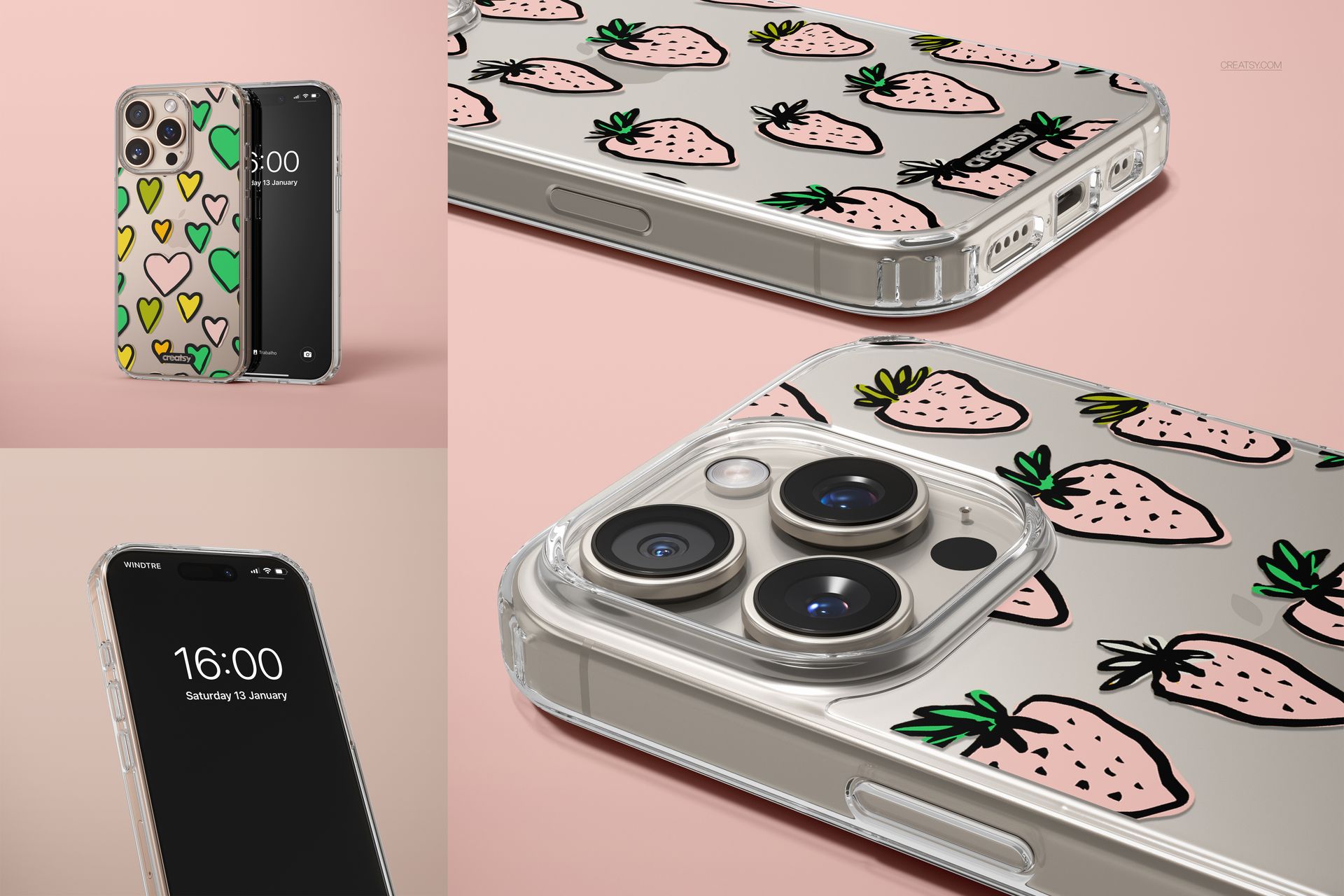 Clear phone case mockup for iPhone 16 Pro Max featuring playful pink strawberry illustrations on a light background.