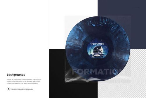 PSD mockup featuring a blue vinyl record with a marbled effect in a clear plastic sleeve, viewed from above on various backgrounds.