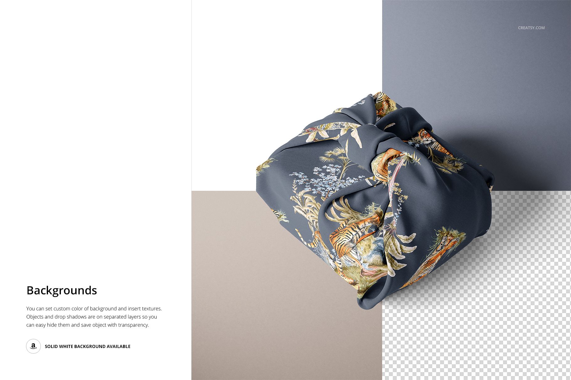 PSD mockup of a fabric gift wrap featuring a colorful nature-inspired print, displayed on layered backgrounds.