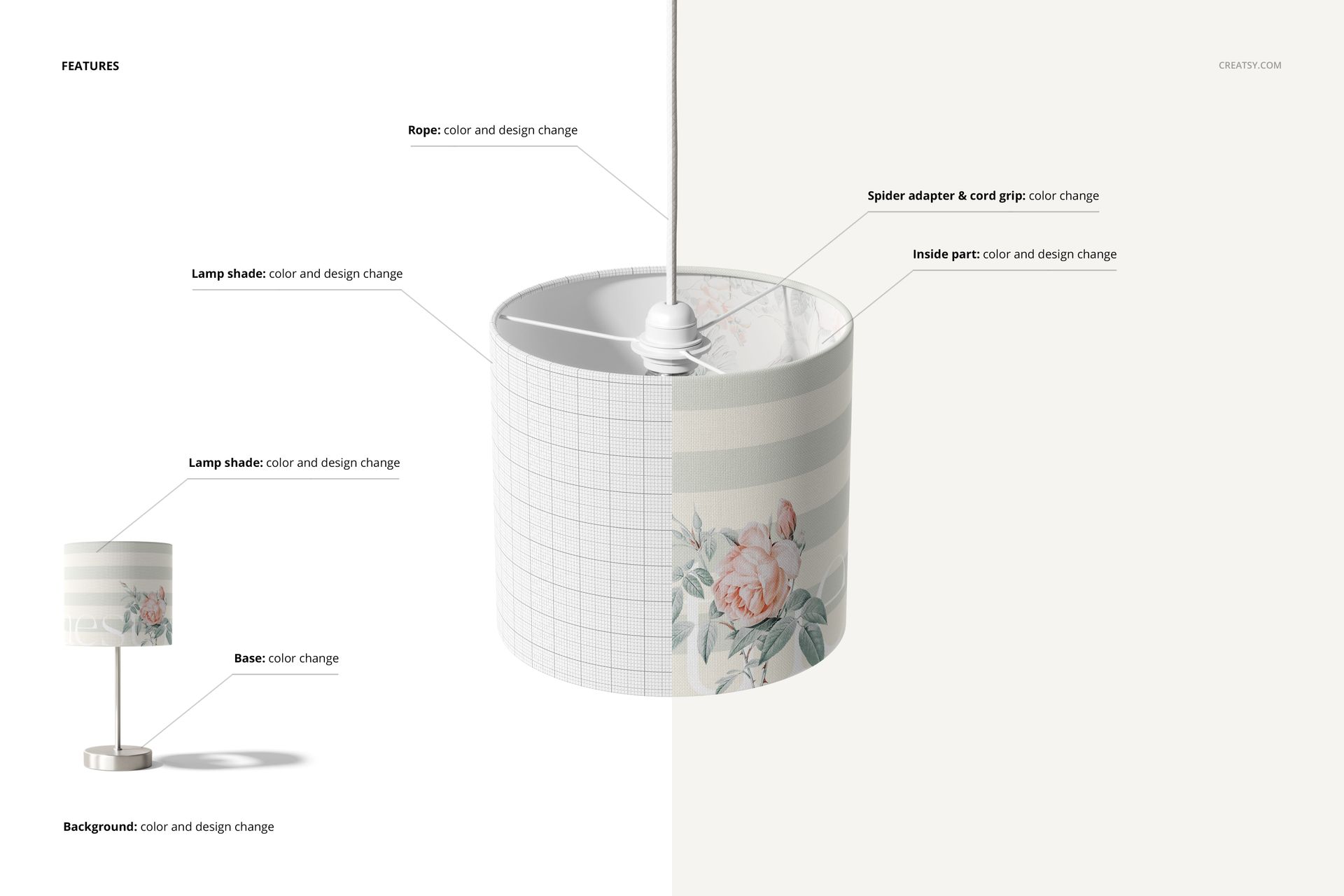 Lamp shade mockup with a cylindrical shape, featuring floral and grid patterns, shown in a split front view with detailed annotations.