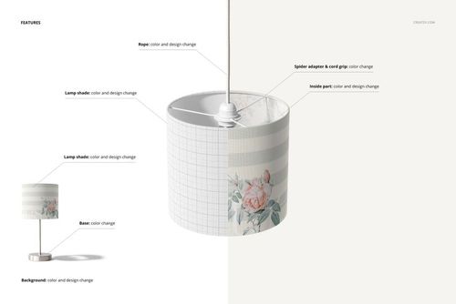Lamp shade mockup with a cylindrical shape, featuring floral and grid patterns, shown in a split front view with detailed annotations.