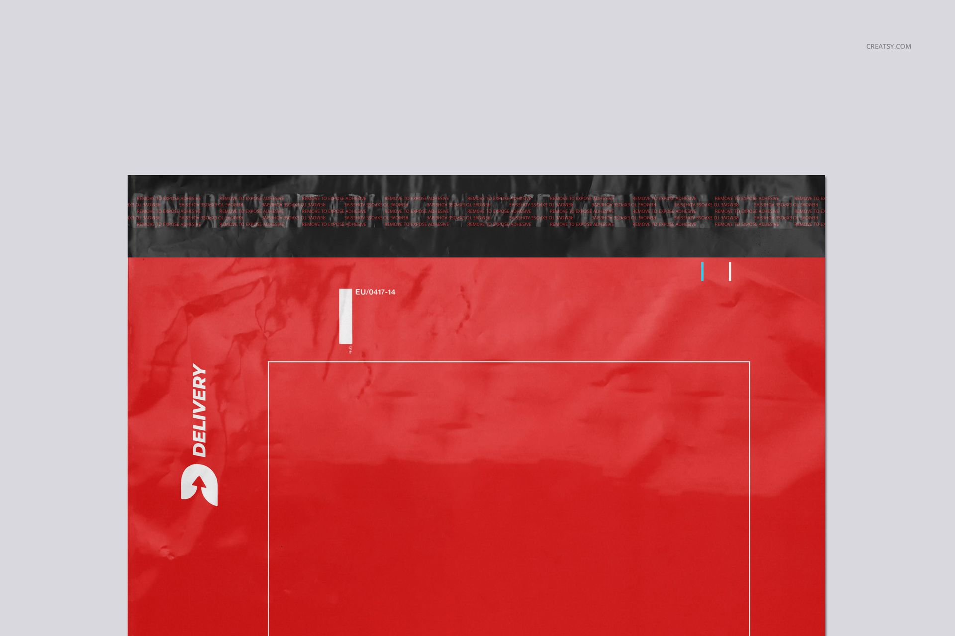 Front view of a red poly mailer mockup with black adhesive strip, white markings, and delivery label details.