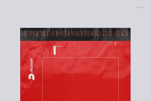 Front view of a red poly mailer mockup with black adhesive strip, white markings, and delivery label details.