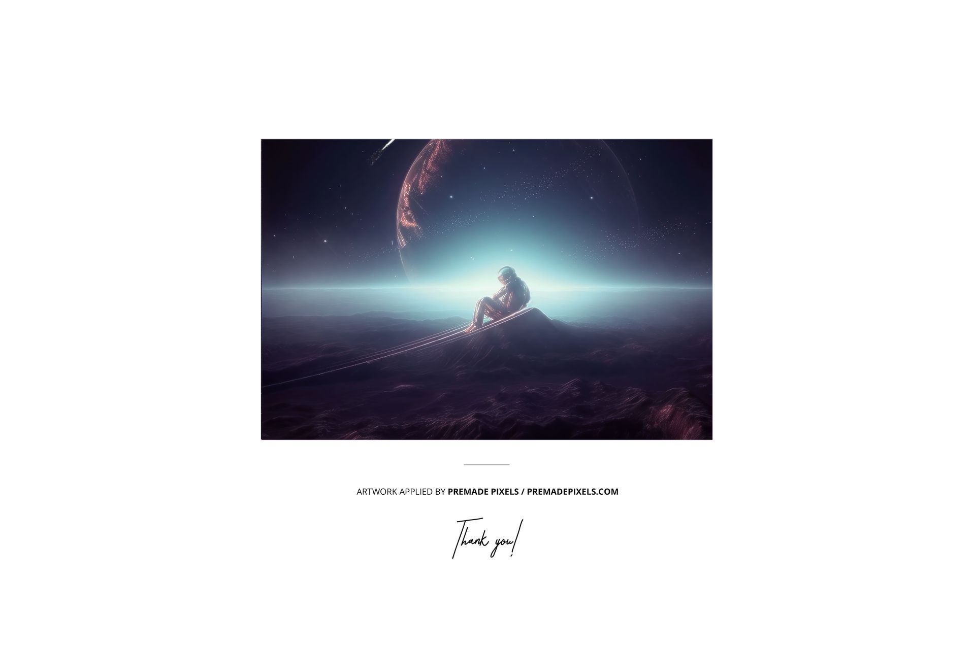 Front view of a vinyl record cover mockup featuring a cosmic scene with an astronaut sitting on a planet surface.