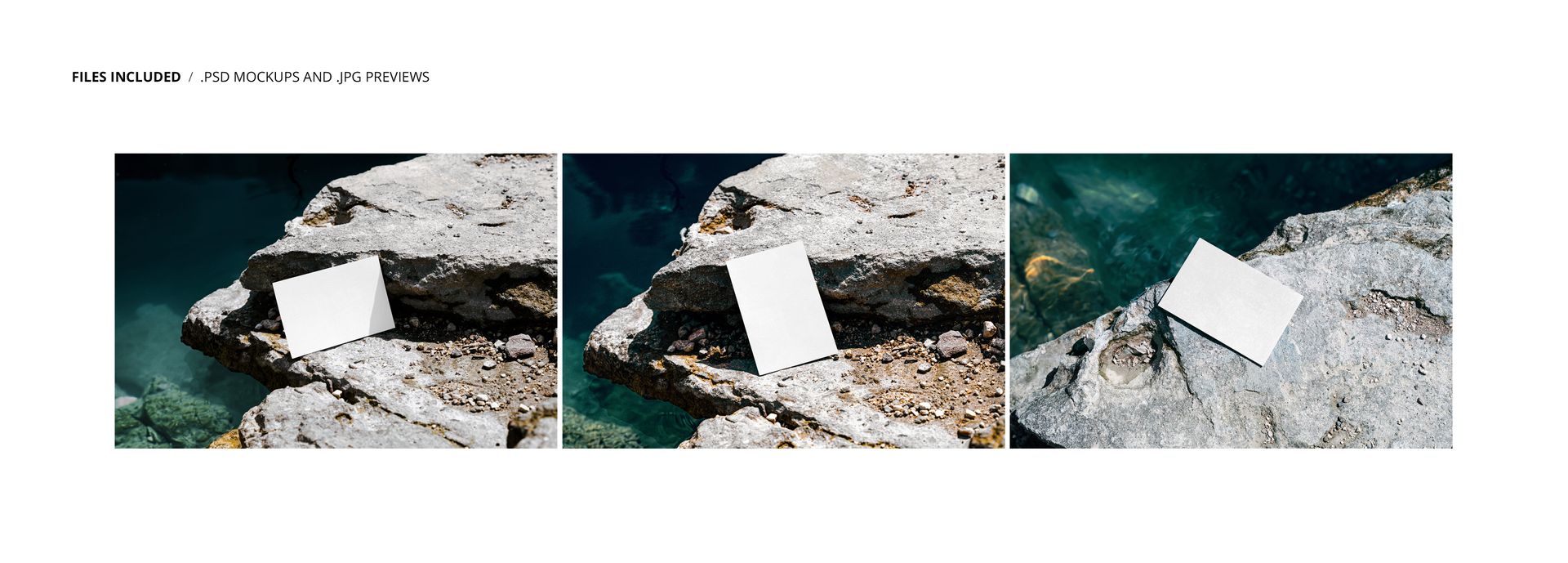 Rectangular business card mockup displayed on a rugged sea cliff, with textured rocks and deep blue water below.