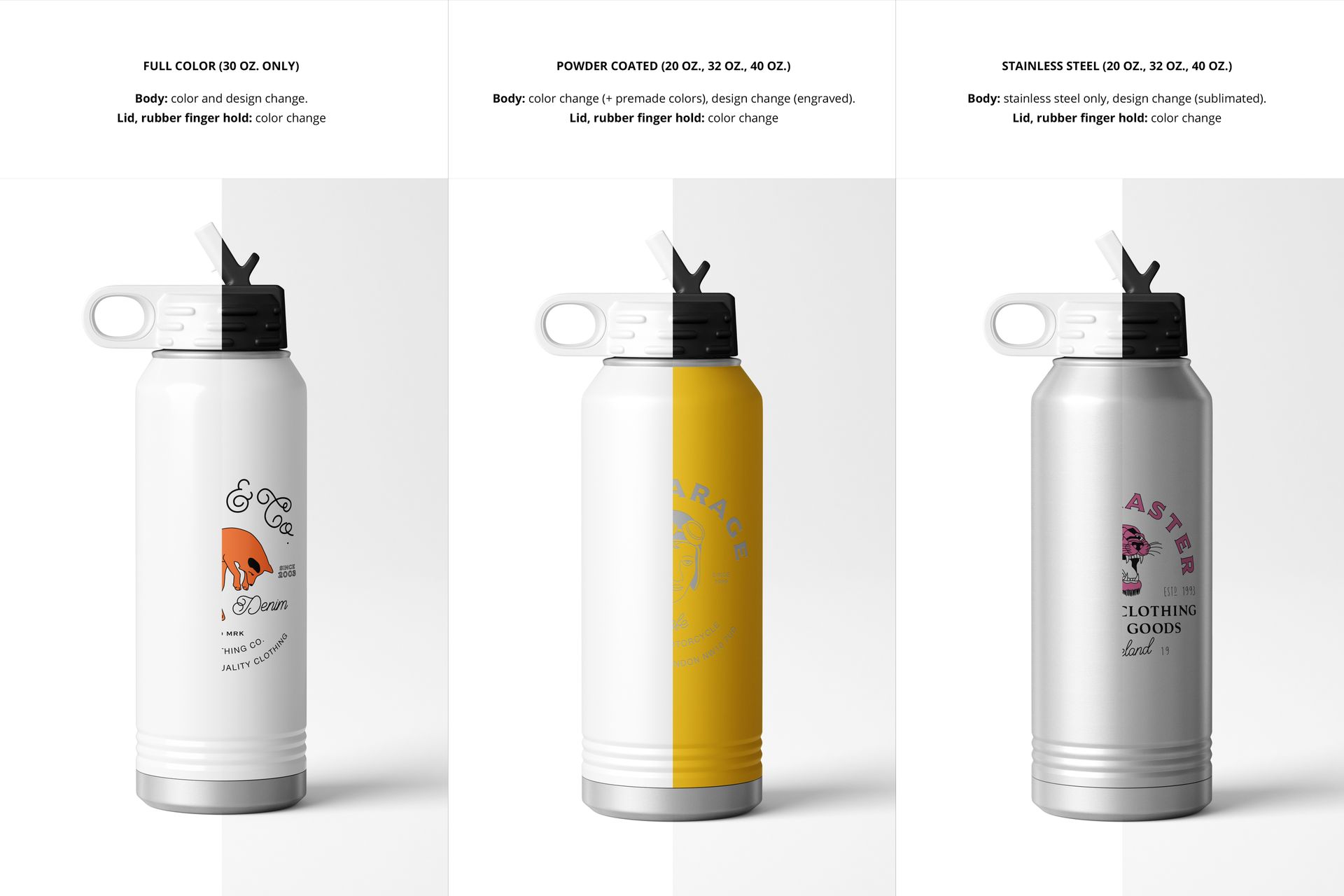 Set of three water bottle mockups in white, yellow, and metallic finishes, viewed from the front with distinct lid styles.