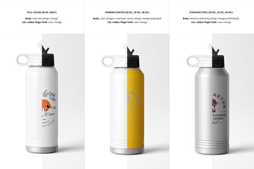Set of three water bottle mockups in white, yellow, and metallic finishes, viewed from the front with distinct lid styles.
