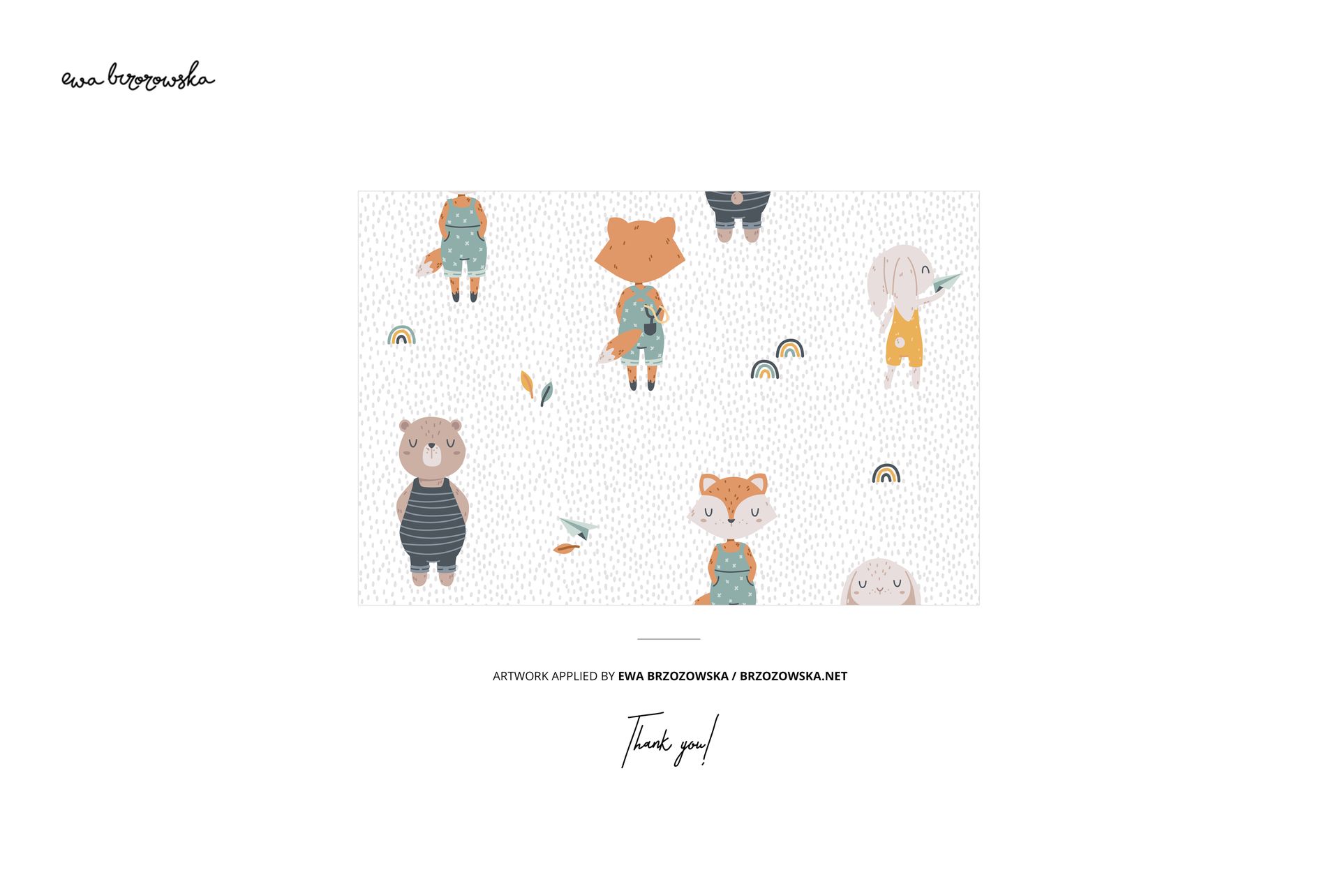 Muslin swaddle and wooden teether mockup featuring playful animal illustrations in muted colors, top view.