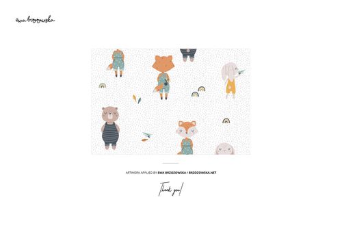 Muslin swaddle and wooden teether mockup featuring playful animal illustrations in muted colors, top view.