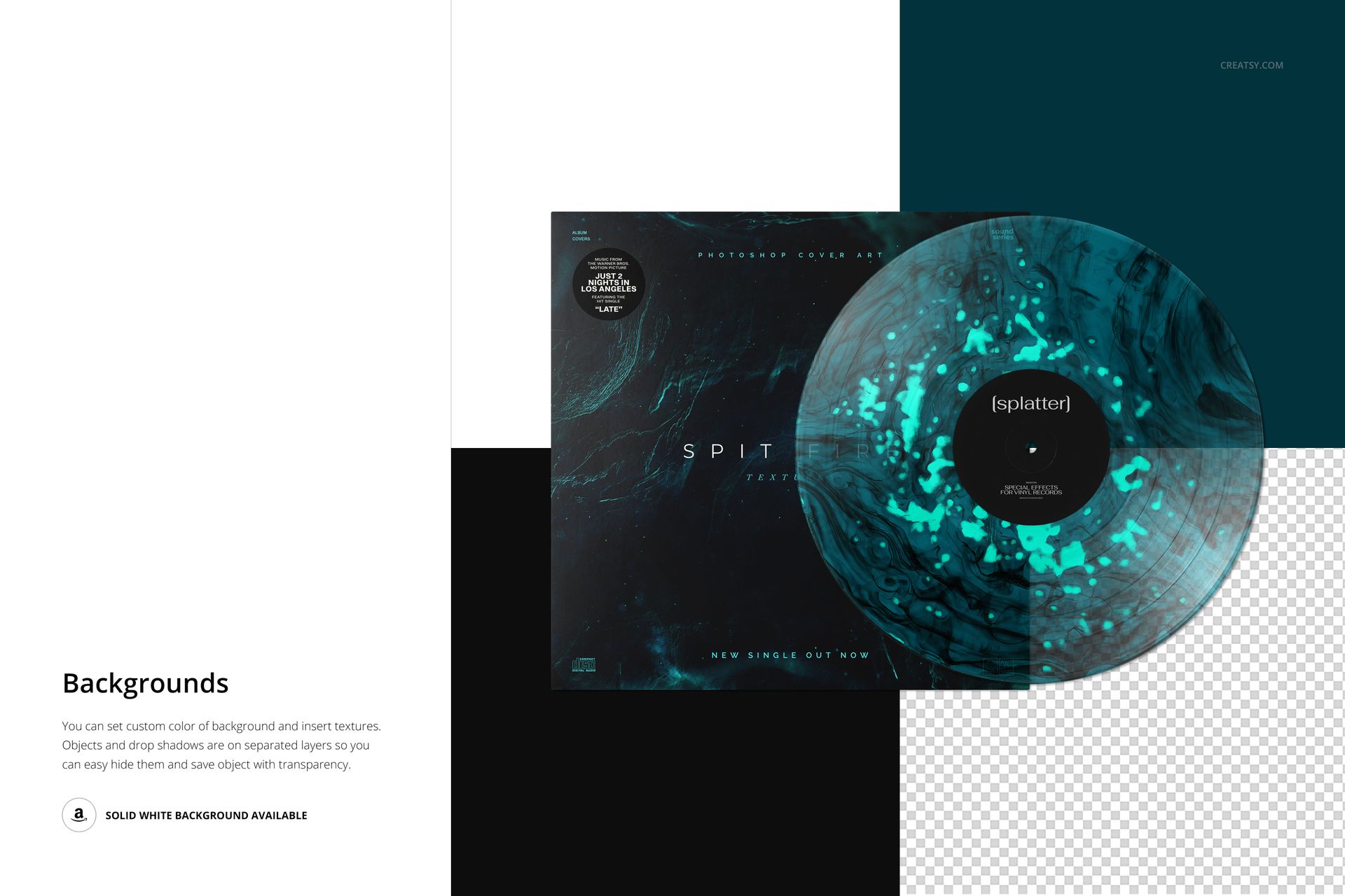 Vinyl record featuring teal and black splatter design next to its cover, shown in a PSD mockup with layered backgrounds.