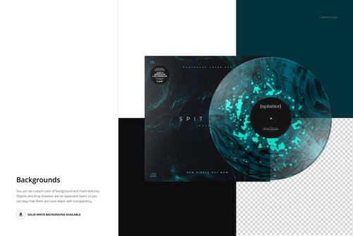 Vinyl record featuring teal and black splatter design next to its cover, shown in a PSD mockup with layered backgrounds.