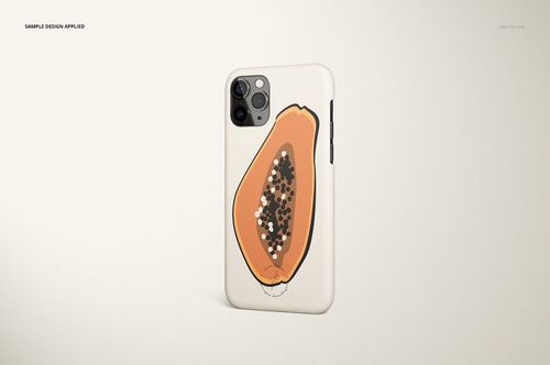 iPhone 11 Pro matte snap case mockup with a stylized papaya design, displayed upright on a neutral surface.
