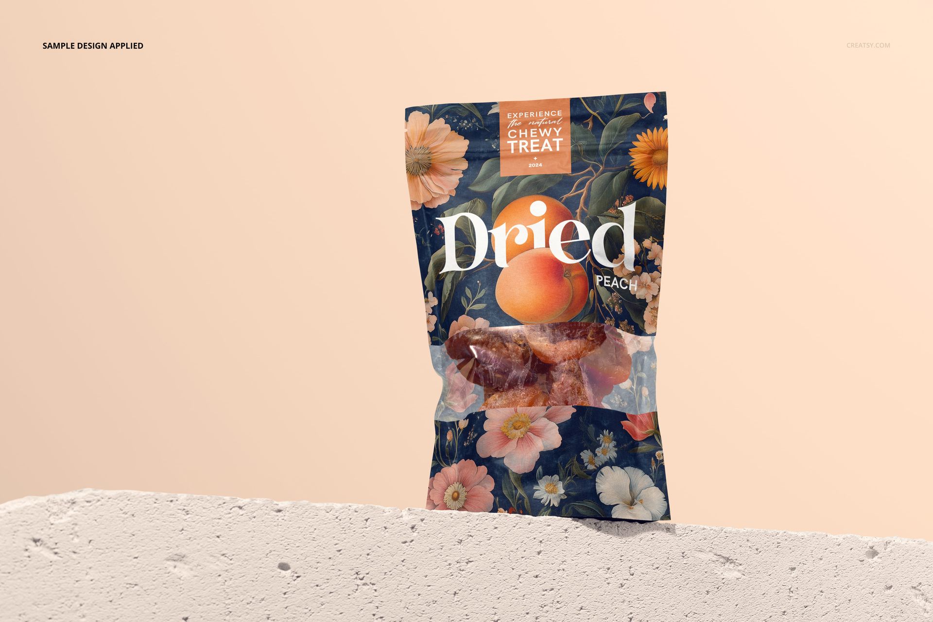 Front view of a paper pouch packaging mockup with dried peaches visible through a transparent window, floral design.