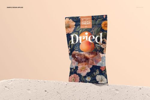 Front view of a paper pouch packaging mockup with dried peaches visible through a transparent window, floral design.