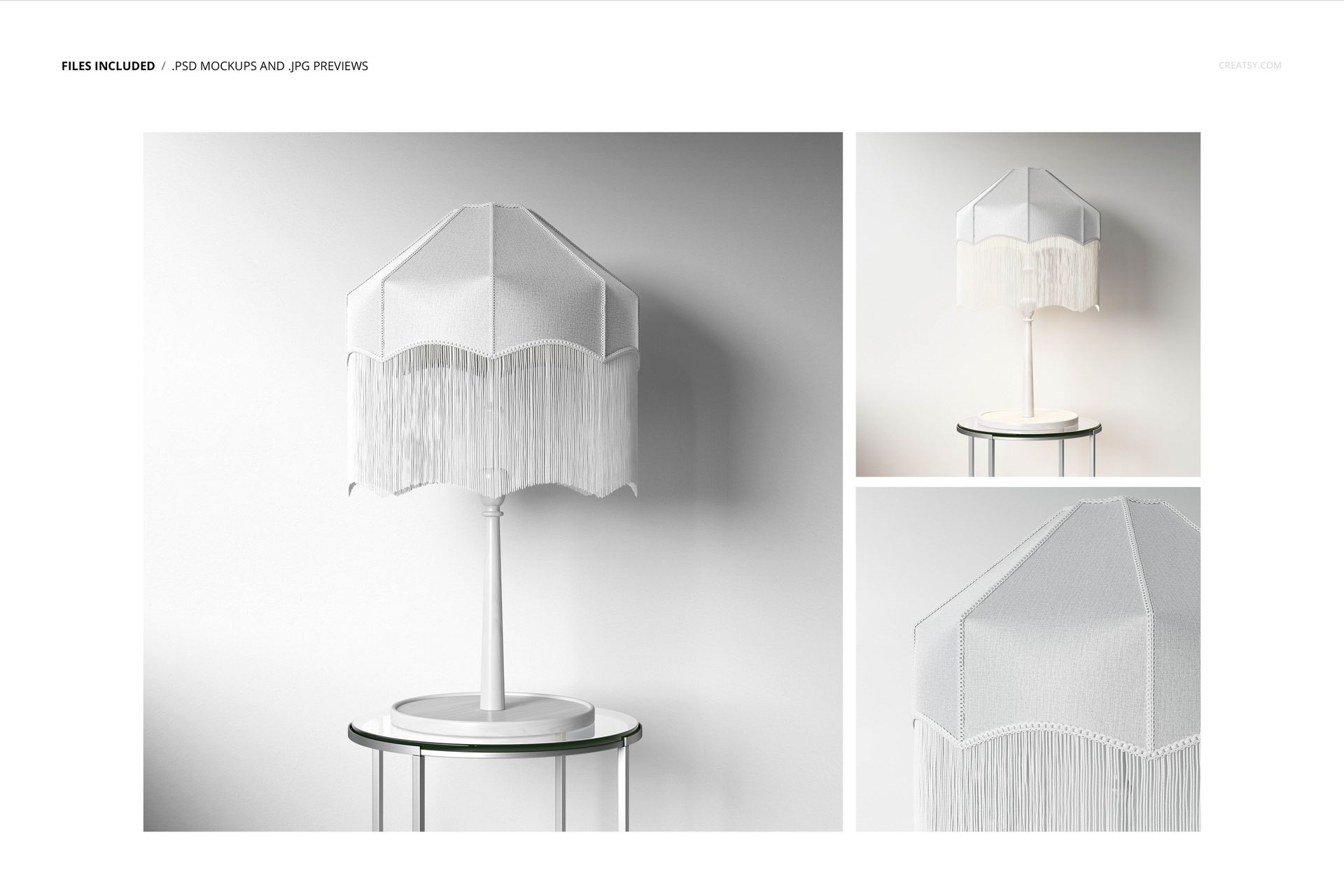 Tassel shade table lamp mockup featuring a white lampshade with fringe, shown on a circular glass table in a minimalist room.