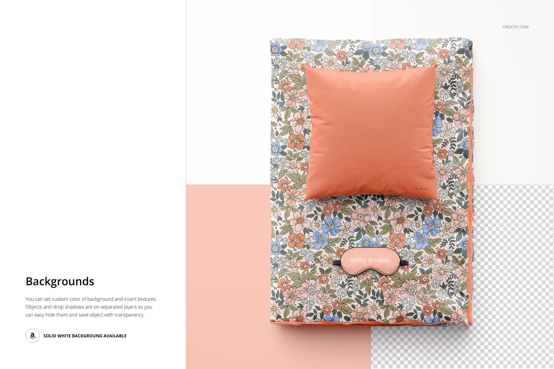 Folded duvet featuring a multicolored floral design and a plain peach pillow, shown from above on a PSD mockup scene.