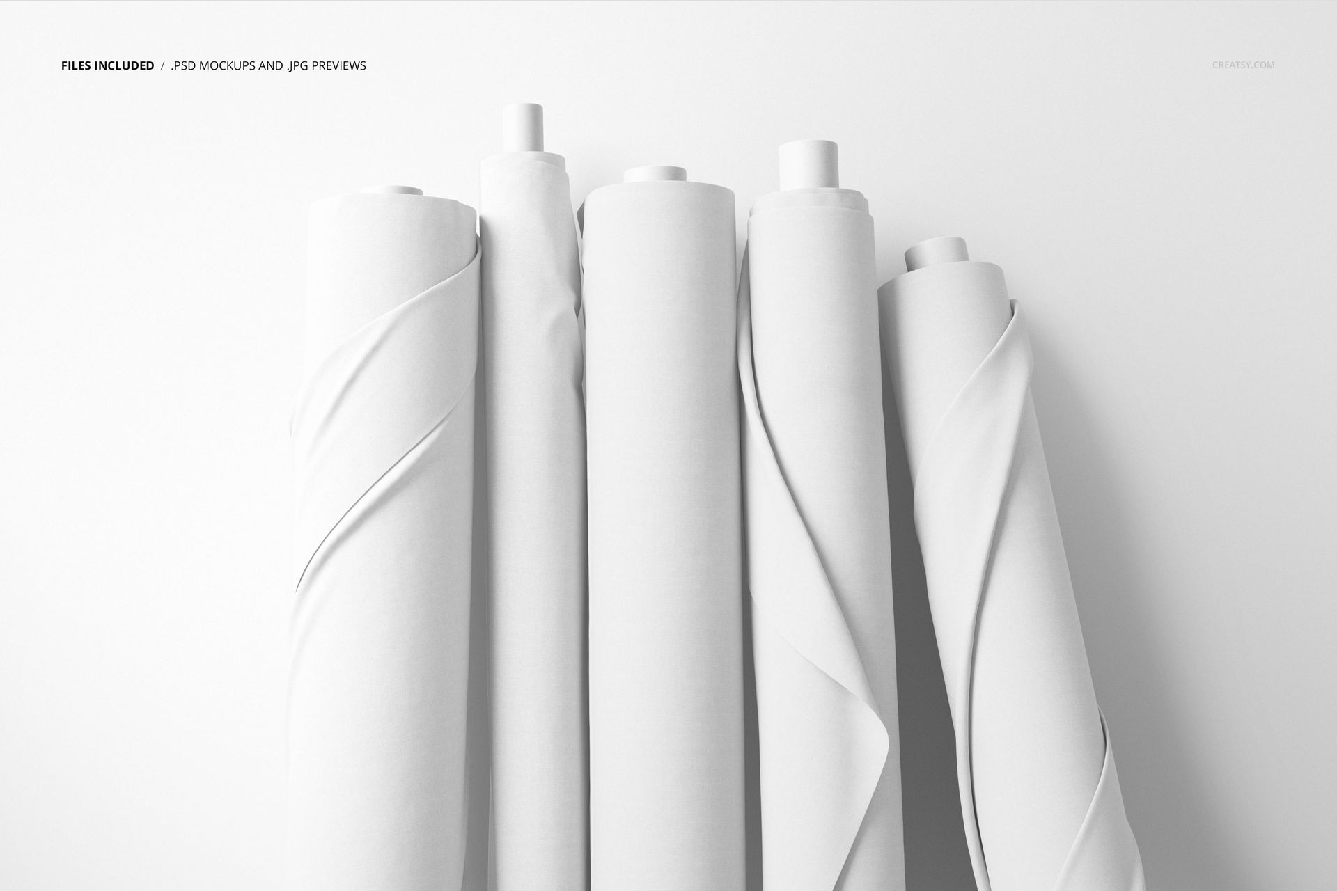 Top view of five white fabric rolls standing vertically against a minimal background, suitable for fabric mockup design.