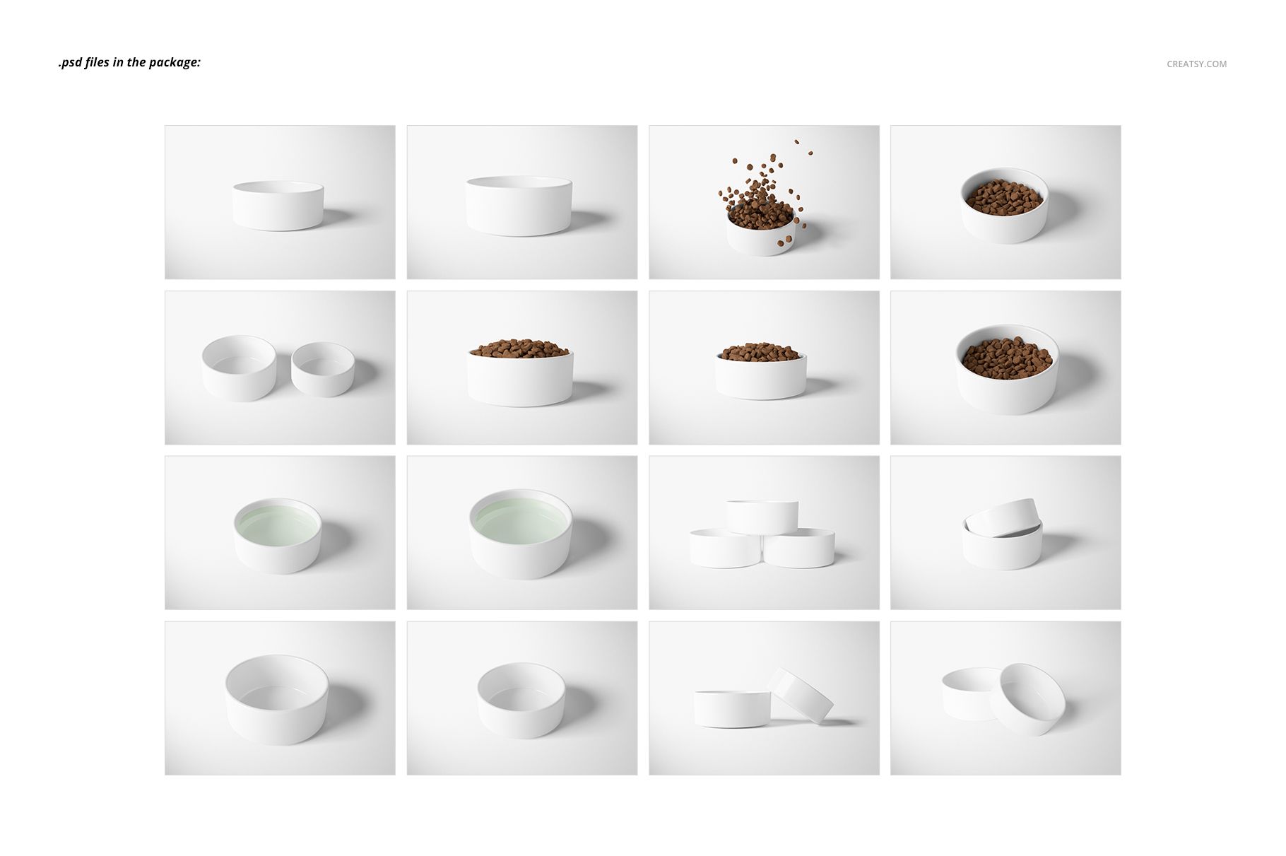 PSD mockup set featuring plain white pet bowls in assorted positions, with some containing brown kibble, on a light surface.