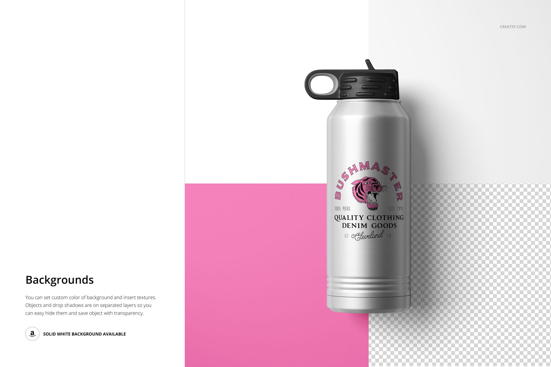 32 oz. stainless steel water bottle mockup displayed on a split white, pink, and transparent background, top-down perspective.
