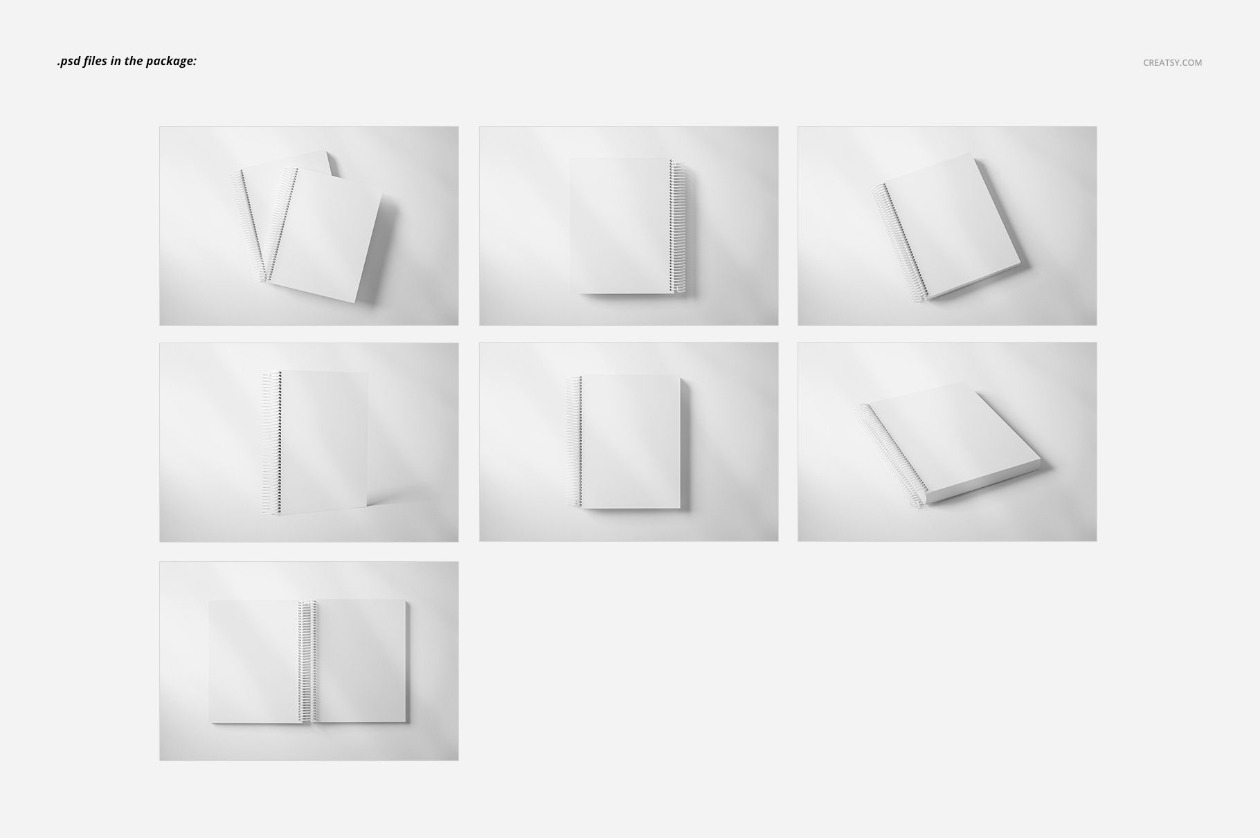 Collection of coil binding planner mockups shown from multiple perspectives with plain white covers and pages.