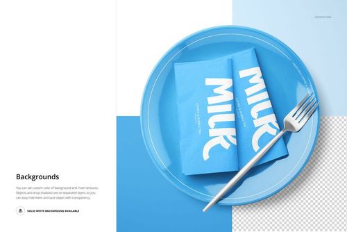 Napkin mockup set showing blue napkins with white text on a blue plate, accompanied by a fork and graphic background.