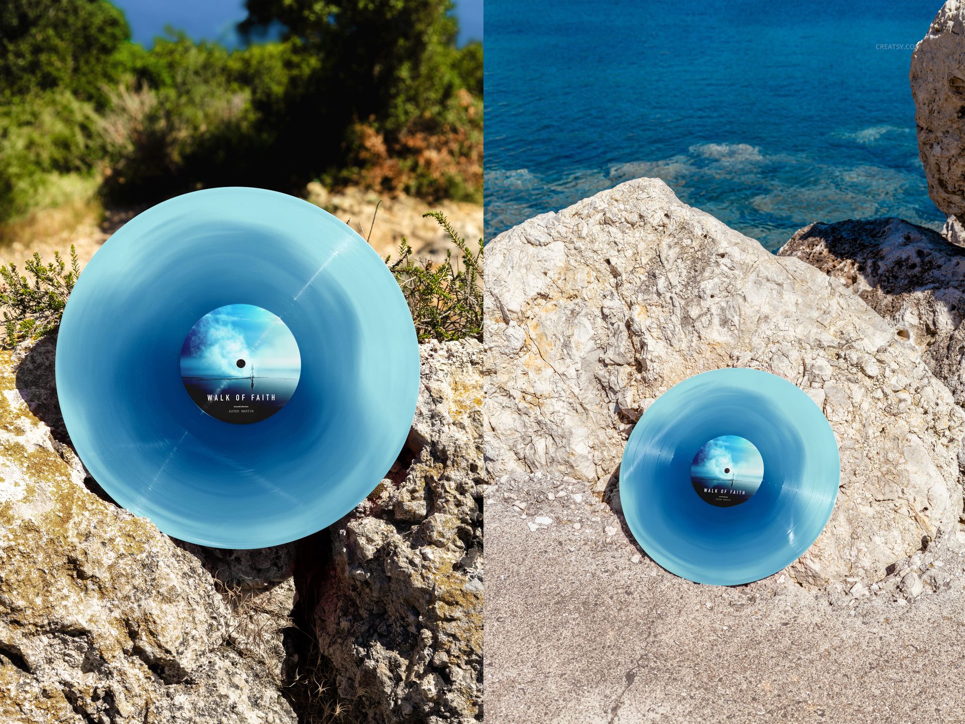 PSD mockup featuring a blue vinyl record on rugged coastal rocks with clear blue water and natural landscape visible.