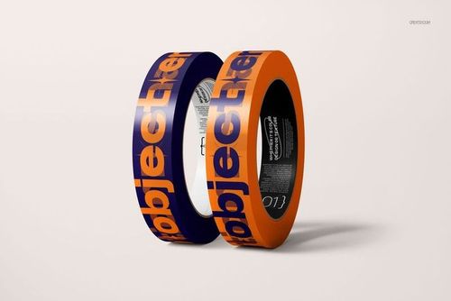 Mockup of two narrow duct tape rolls, one in deep blue and the other in bright orange, viewed from a front angle.