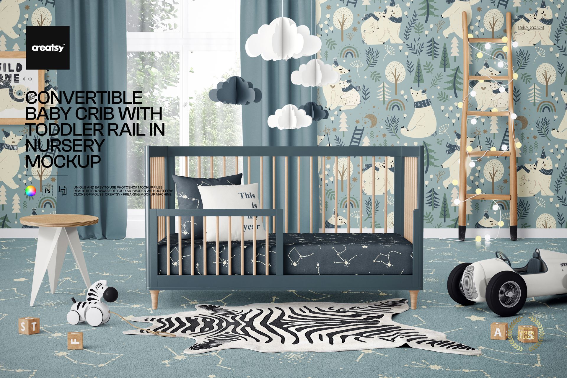 PSD mockup showing a modern baby crib in a kids room, forest-themed wallpaper, zebra rug, and soft natural lighting.