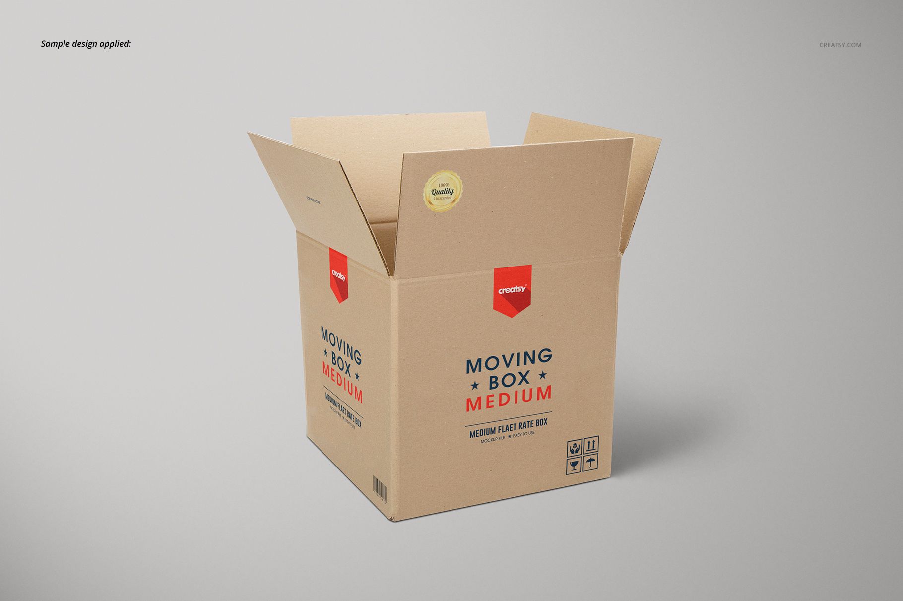 Cardboard moving box mockup with open lid, brown surface, red and black text, shown from a front angle.