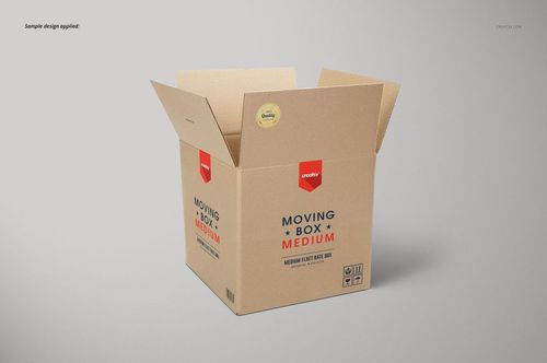 Cardboard moving box mockup with open lid, brown surface, red and black text, shown from a front angle.