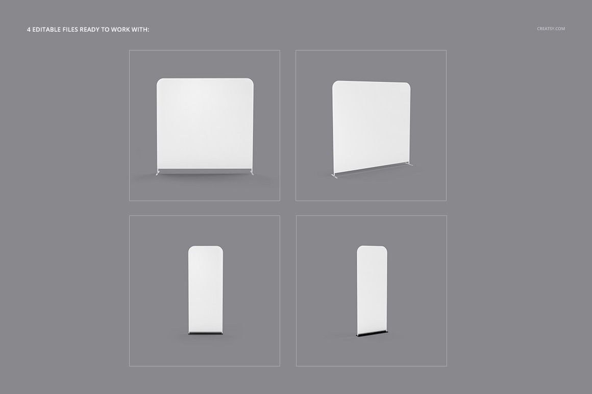 Portable trade show display mockup set featuring four white banner stands in various shapes on a gray background.