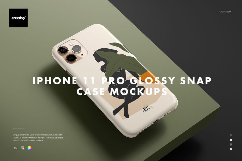 Mockup of an iPhone 11 Pro glossy case featuring abstract design, displayed at a slight angle on a green platform.