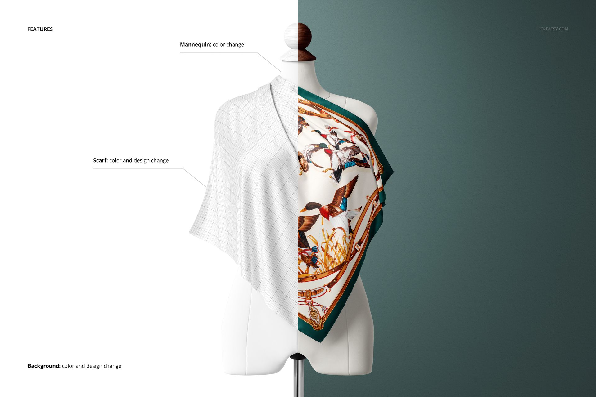 Silk scarf mockup draped on a white mannequin, showing editable design options on a half plain, half patterned scarf.