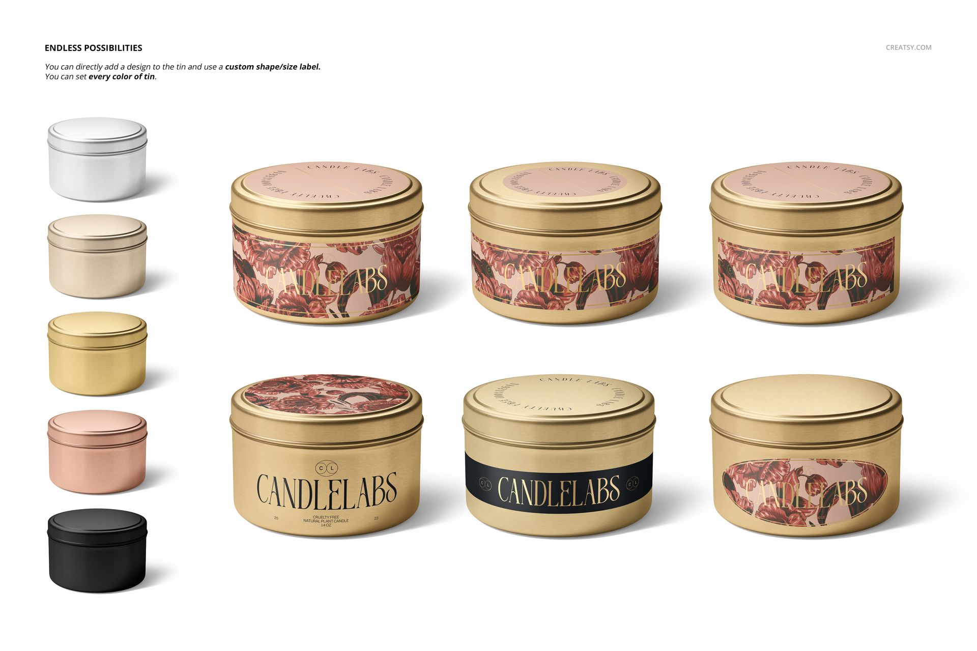 Assorted 4 oz candle tin mockups with wooden wicks, featuring gold, black, rose, and white finishes, arranged in rows.