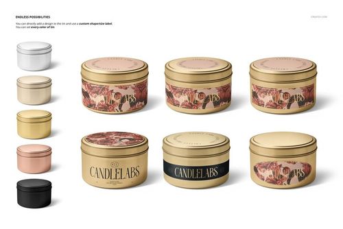 Assorted 4 oz candle tin mockups with wooden wicks, featuring gold, black, rose, and white finishes, arranged in rows.
