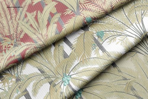 Rib knit fabric mockup featuring layered textile pieces with tropical palm leaf patterns in muted colors, close-up view.