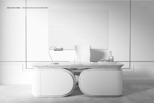 Luxury office scene featuring a large white desk, minimalist chair, and empty canvas print mockup displayed on the wall.