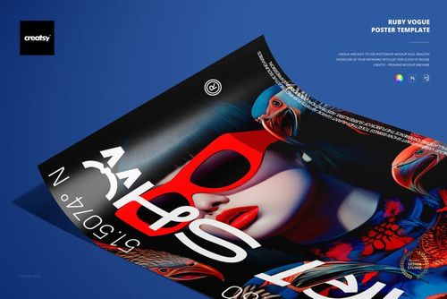 Curved poster mockup with striking red accents, a stylized woman in sunglasses, and artistic fish illustrations.