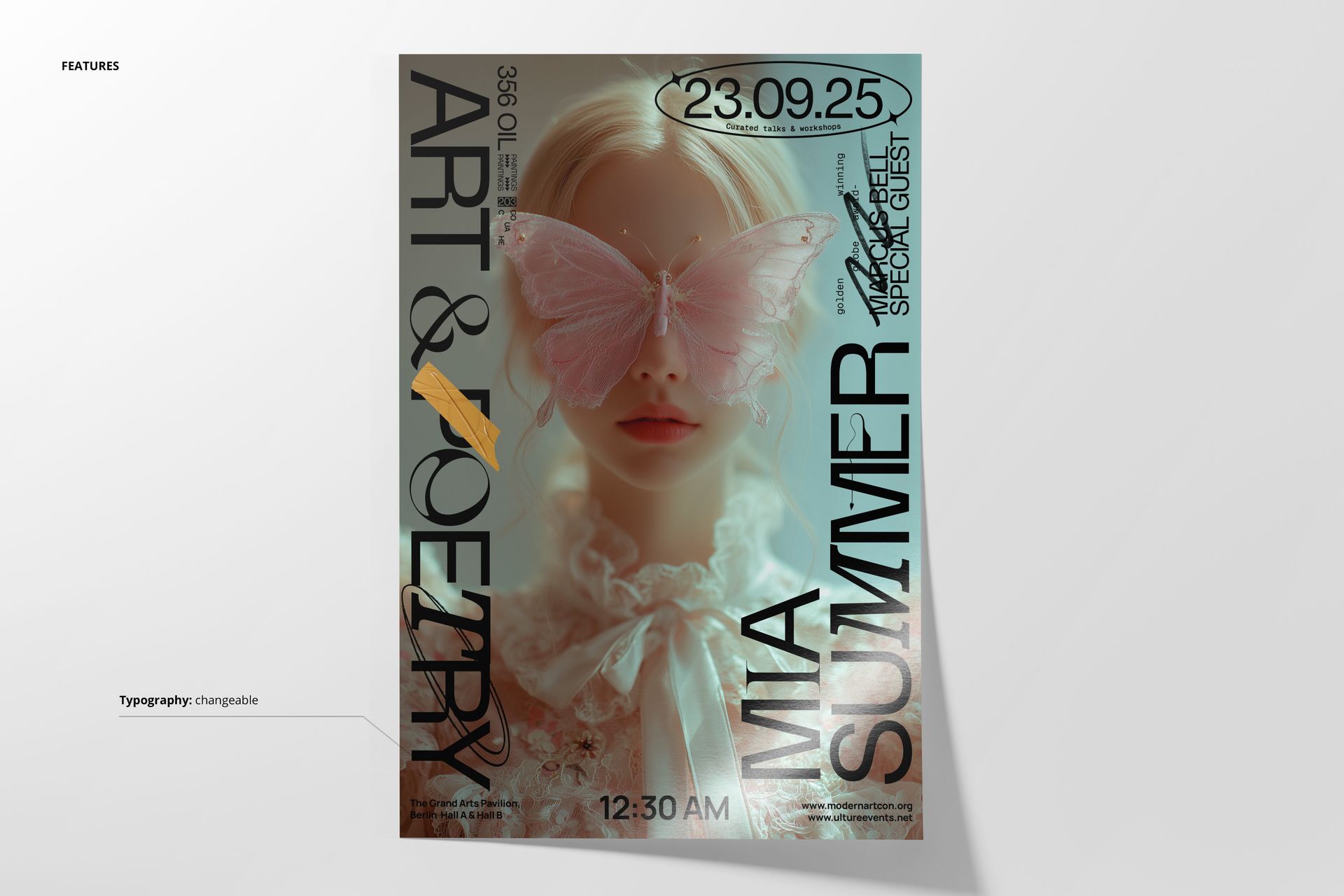 Poster mockup with artistic typography, butterfly illustration, and soft pastel colors on a light background.